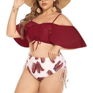 Plus Size Colorblock Tropical Print Drawstring Bikini Set sz 3X